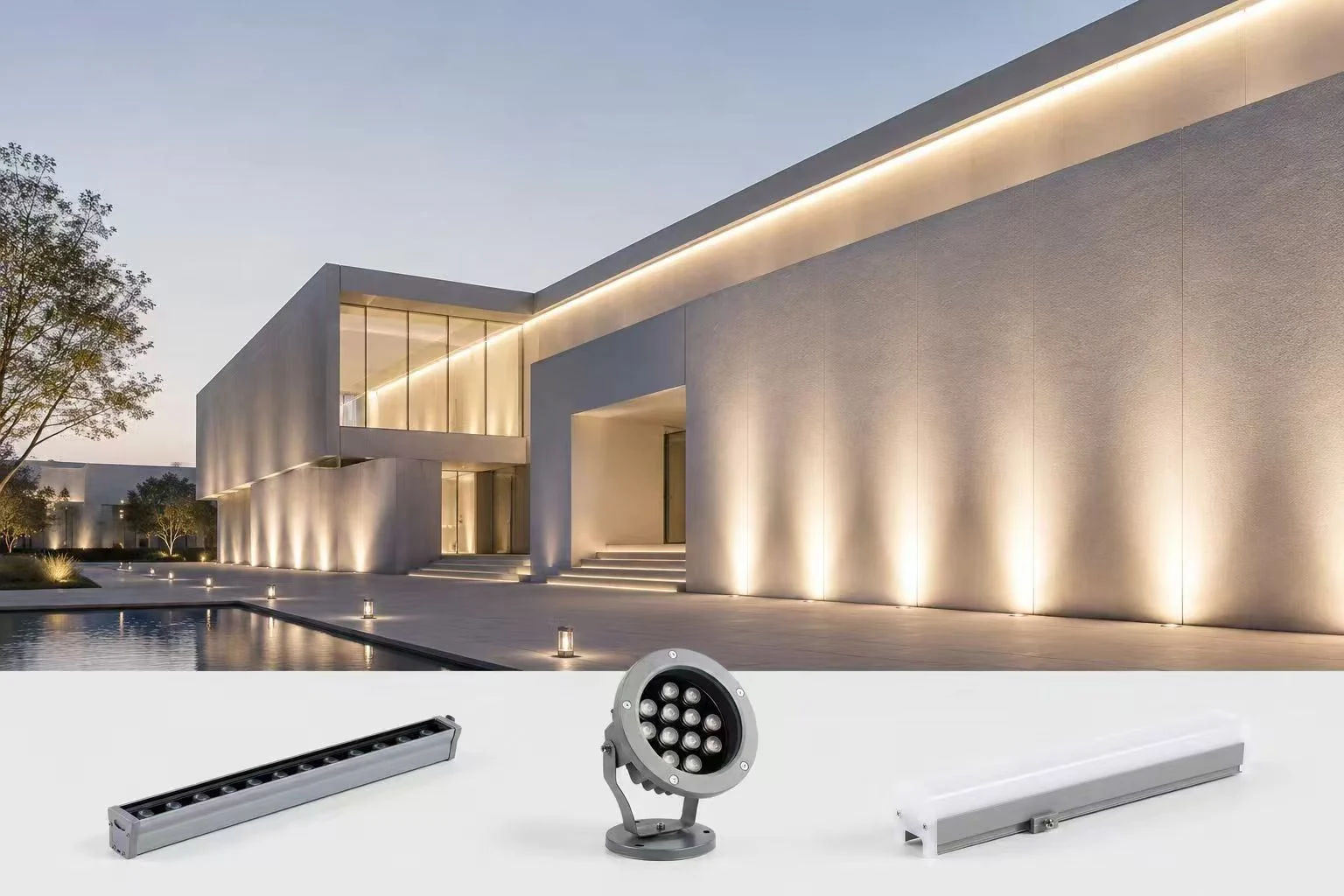 Modern exterior architecture with integrated outdoor lighting